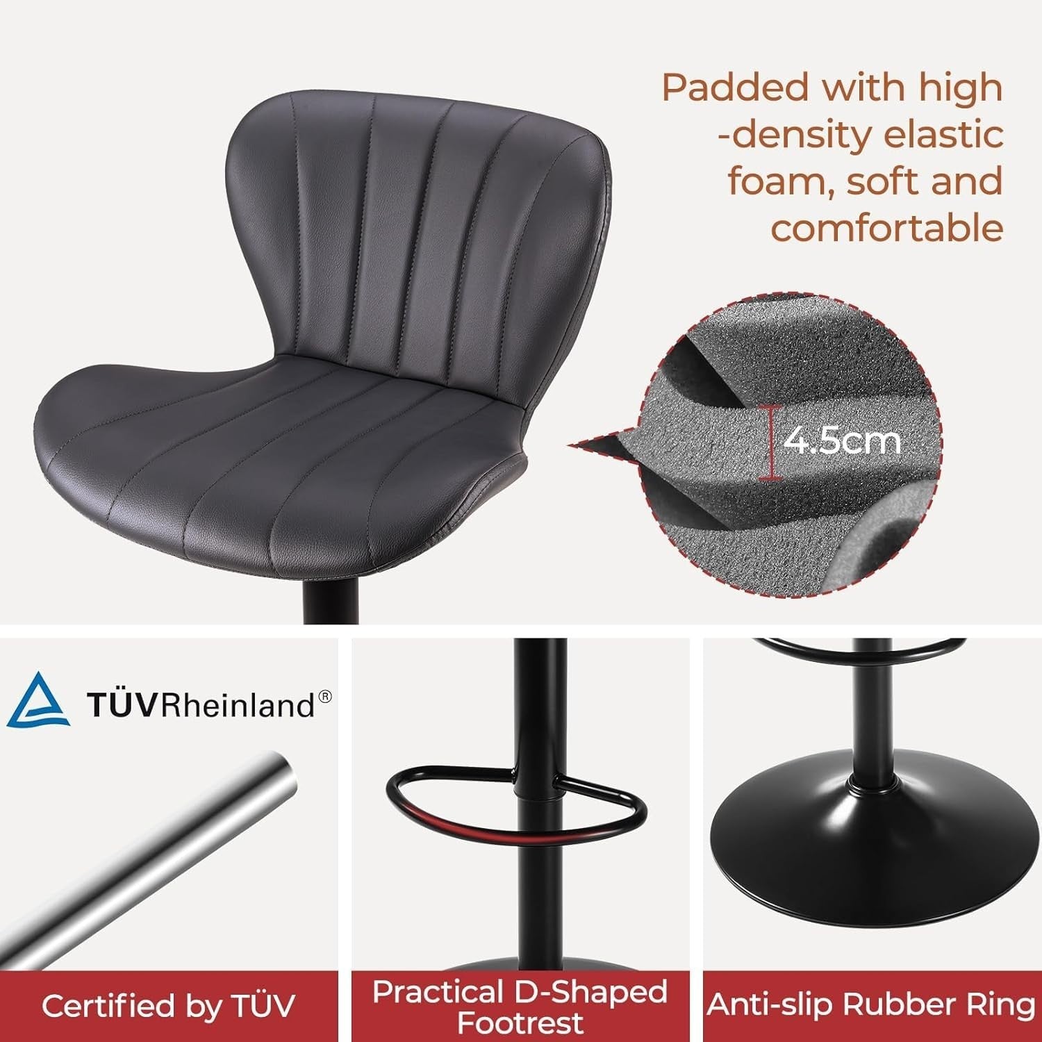 Adjustable Swivel Bar Stools Set of 2 | Grey PU Leather Counter Chairs