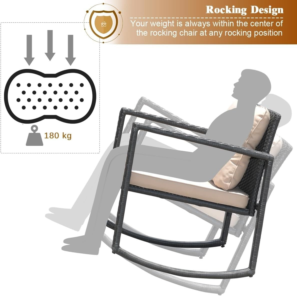 Rocking Rattan Patio Chair Set with Two Tier Glass Table Garden Balcony