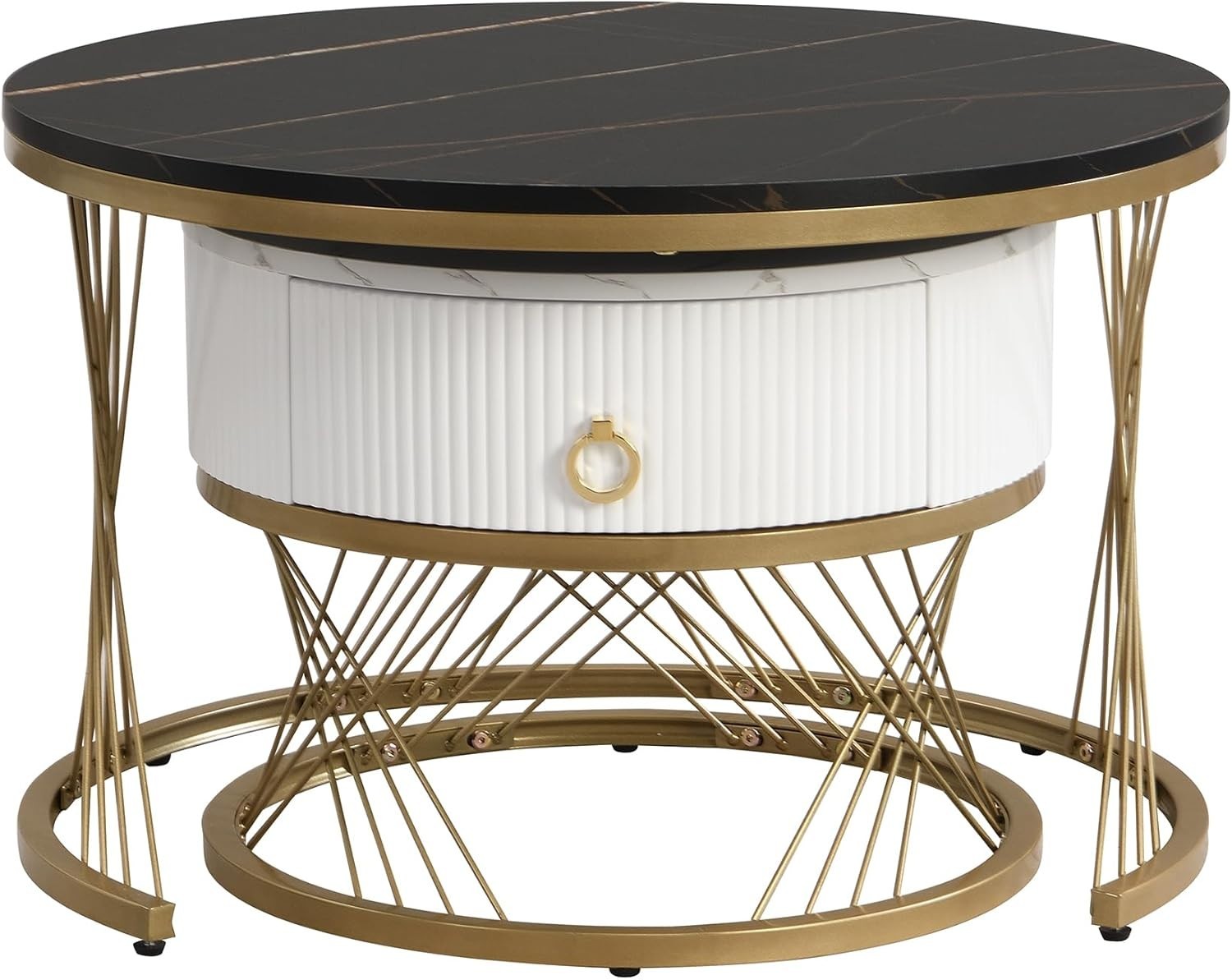Nesting Coffee Tables Set of 2, Marble Look Top, Storage Drawer, Gold Metal Fram