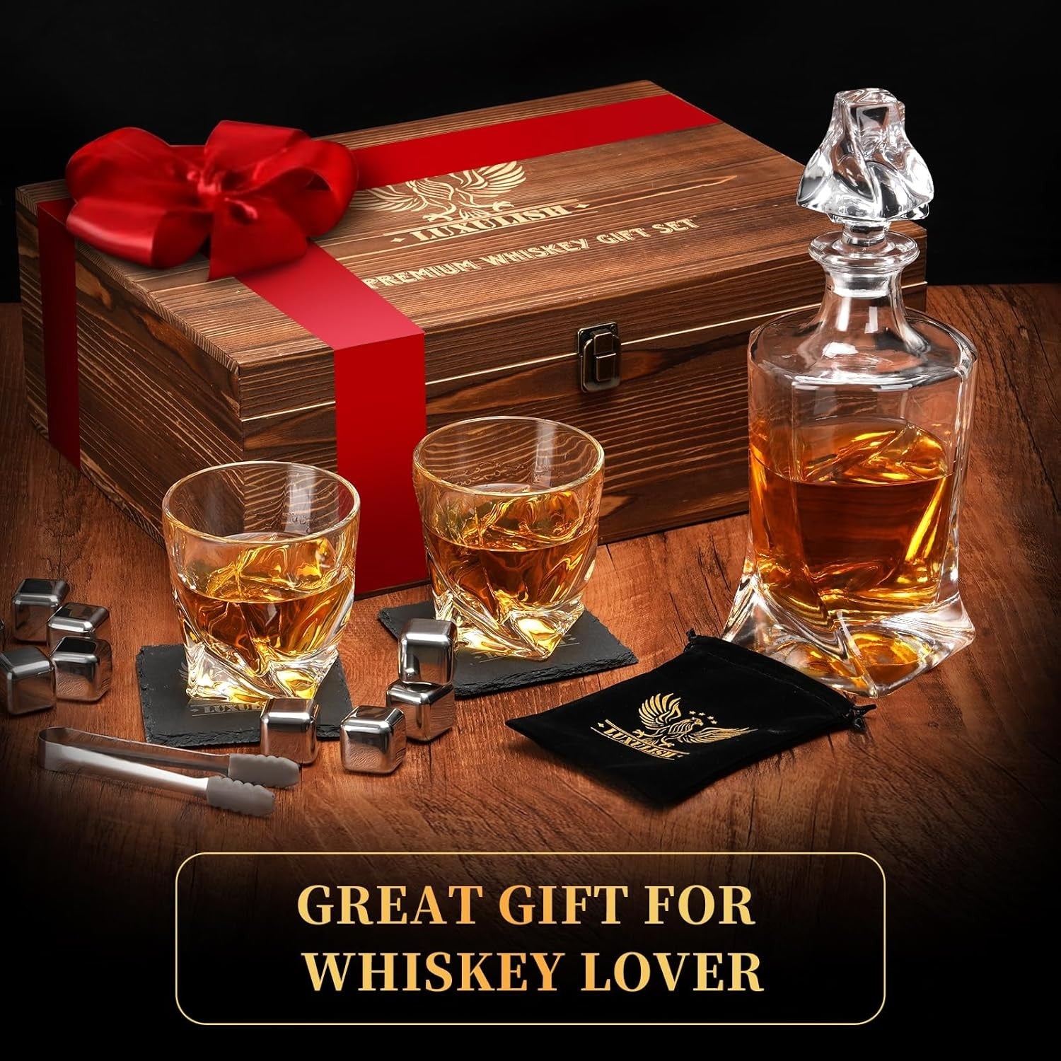 Luxury Whiskey Decanter Gift Set Crystal Glasses Wooden Box Steel Ice Cubes Men