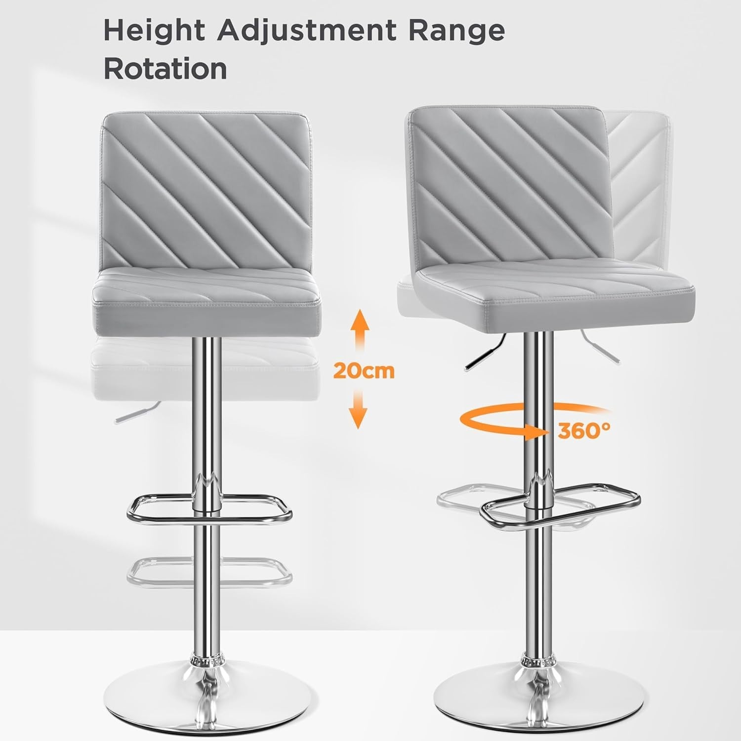 Light Grey Adjustable Swivel Bar Stools Set of 2 Faux Leather Chairs