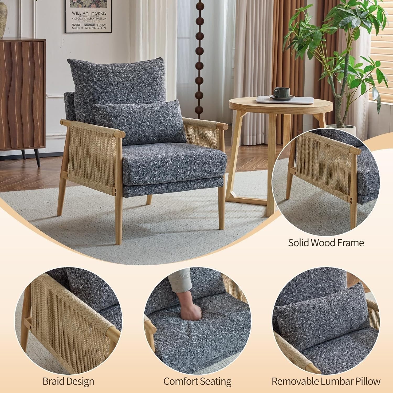 Rattan Accent Chair with Cushions, Modern Lounge Armchair for Living Room