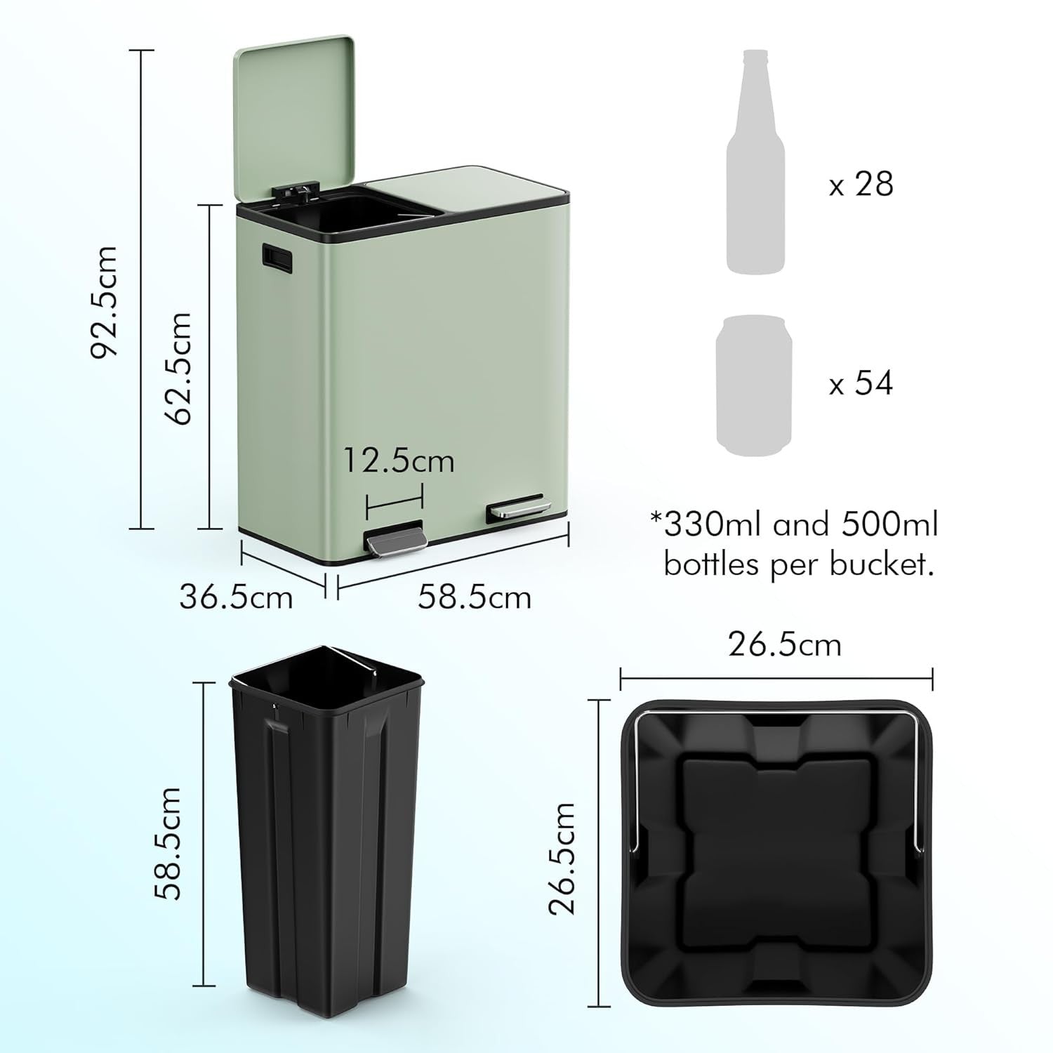 60L Double Recycling Bin Sage Green Stainless Steel 2x30L