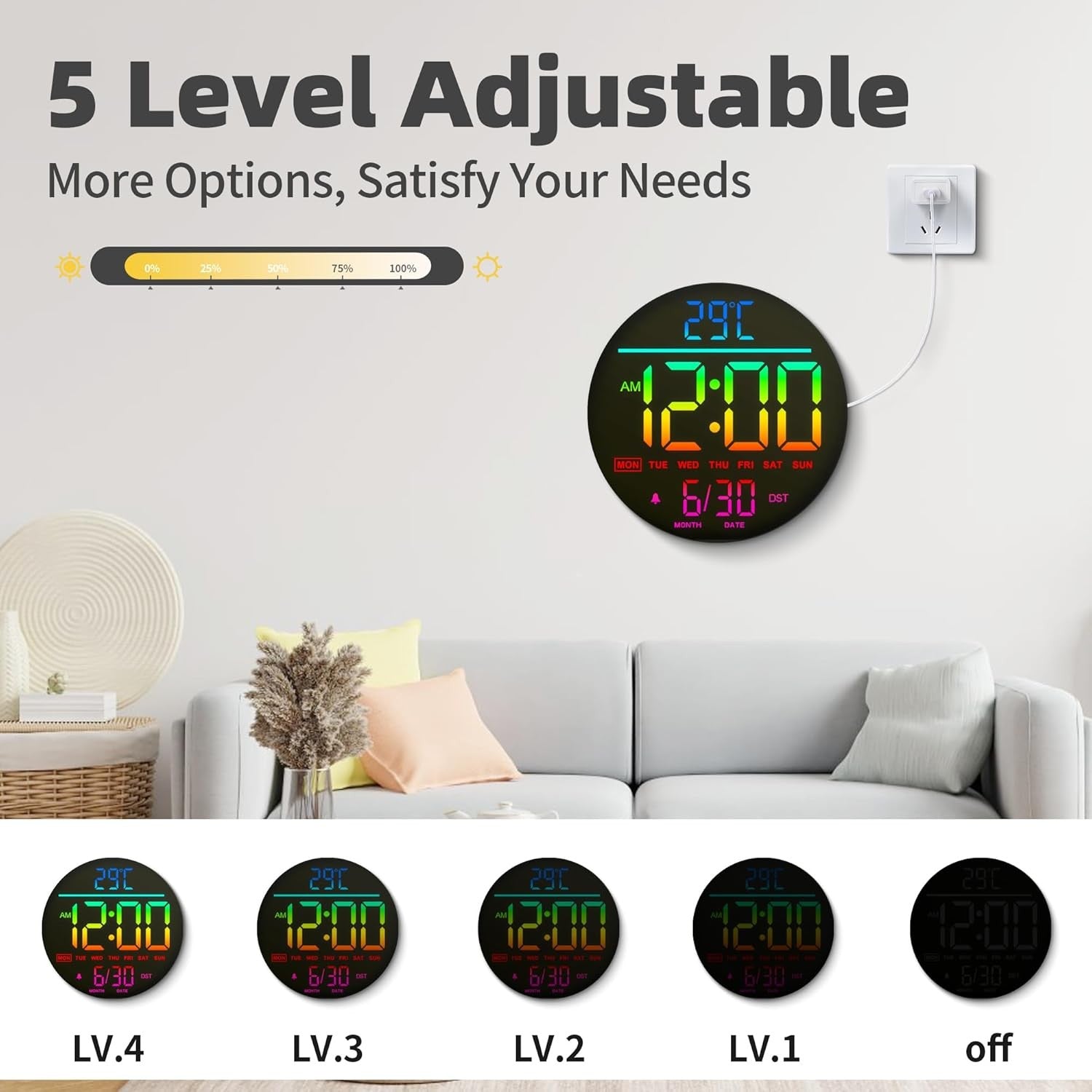 RGB LED Digital Wall Clock 10 Inch Remote Control Night Light Display
