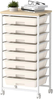 8 Drawer Rolling Storage Trolley Utility Cart Wooden Top White Wheels