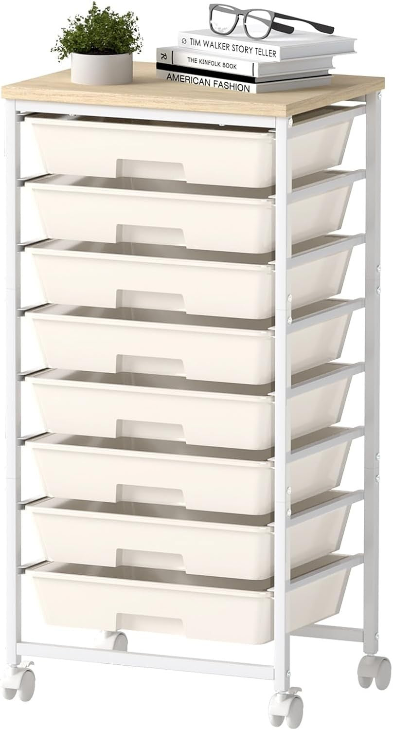 8 Drawer Rolling Storage Trolley Utility Cart Wooden Top White Wheels
