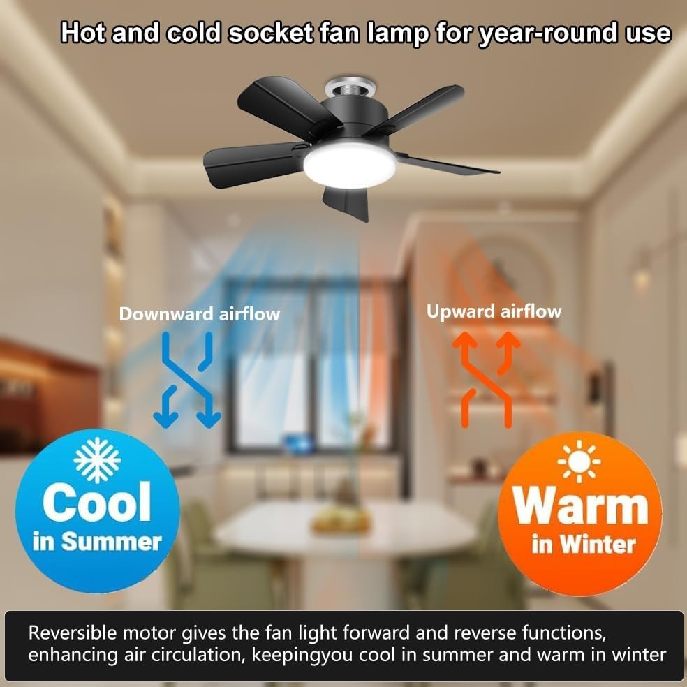 Seyxicnor Socket Ceiling Fan with Light, Remote, E27, 6-Speed, Black, LED