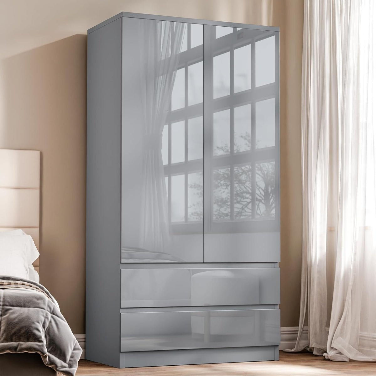 Grey High Gloss Wardrobe 2 Door 2 Drawer Hanging Rail Bedroom Storage