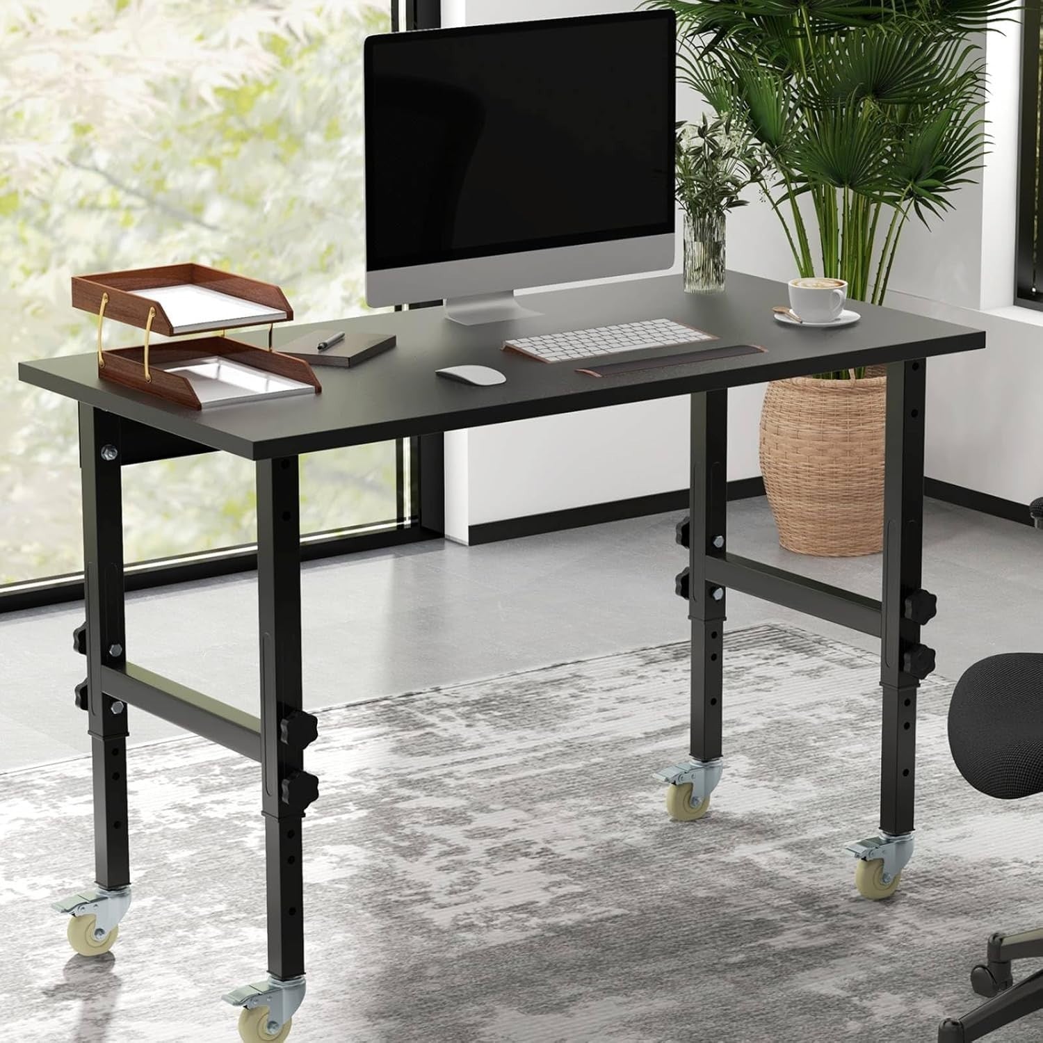Height Adjustable Workbench 120x60cm 10-Level Rolling Table Bamboo Top