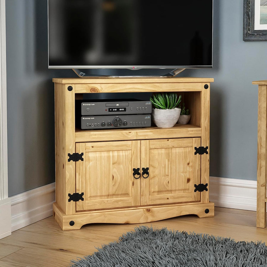 Rustic Solid Pine Corner TV Cabinet 2 Door Storage Unit 77cm Natural Wood