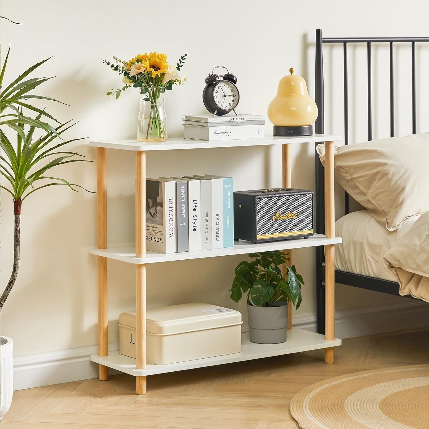 3 Tier Wooden Bookcase White Beech Legs Freestanding Storage Shelf 74cm