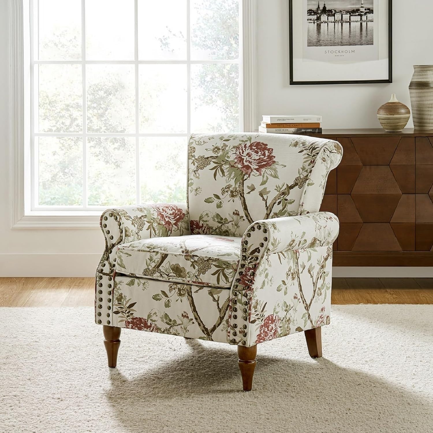 Floral Wingback Accent Chair Comfy Armchair Tufted Back Wood Legs