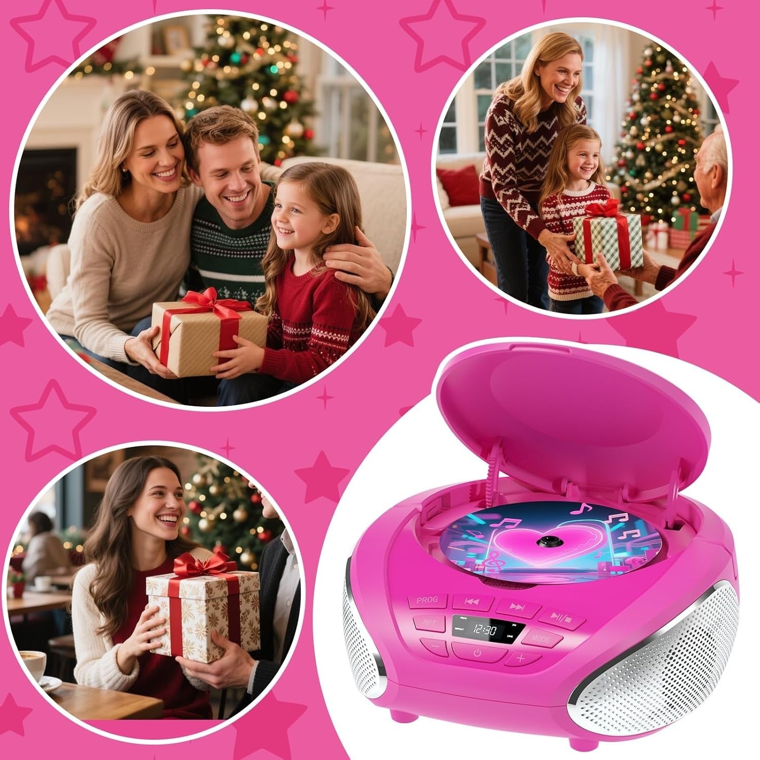 Portable CD Player Boombox Speakers FM Radio AUX Headphone Jack Pink