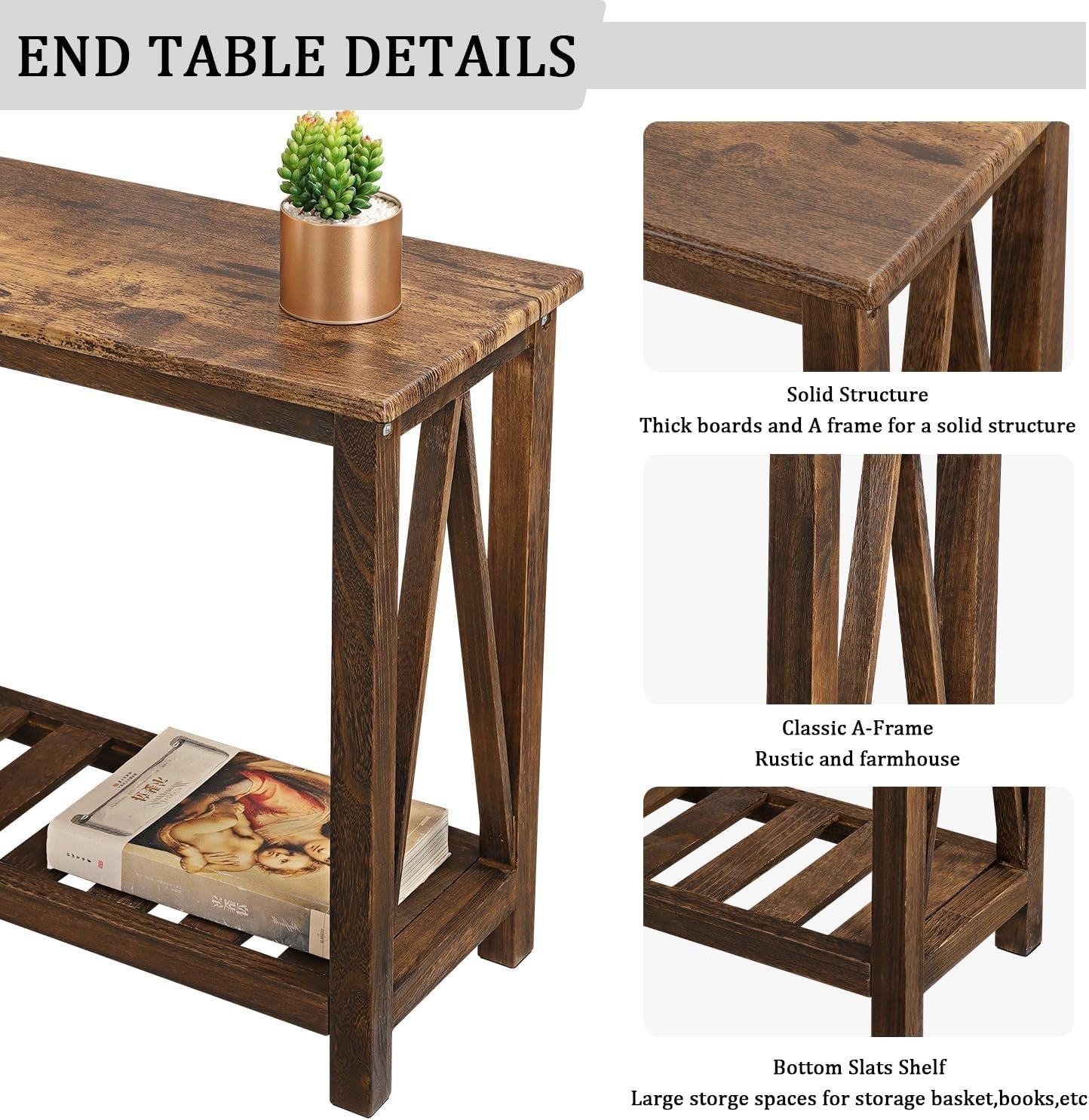 Narrow Brown Industrial Side Table with Storage Shelf, Compact Sofa Nightstand