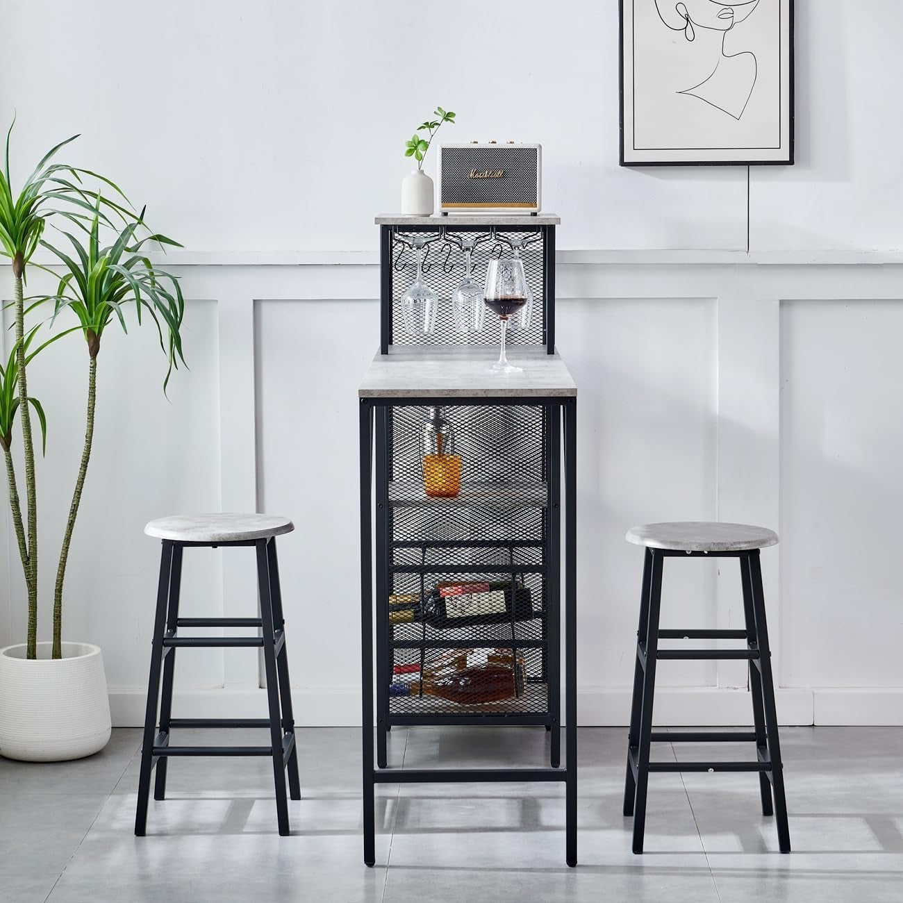 3 Piece Bar Table Set Wine Rack Shelves & 2 Stools Grey Marble Dining Furniture