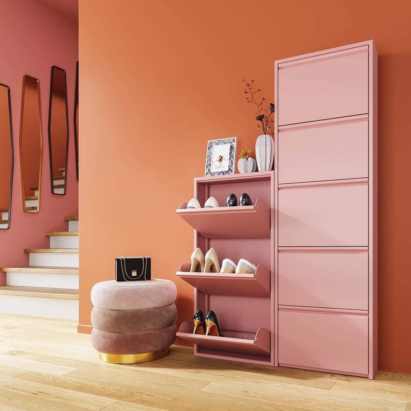 Slim 5-Drawer Shoe Cabinet Pink– Space-Saving Metal Tilt Rack 170x50x15cm