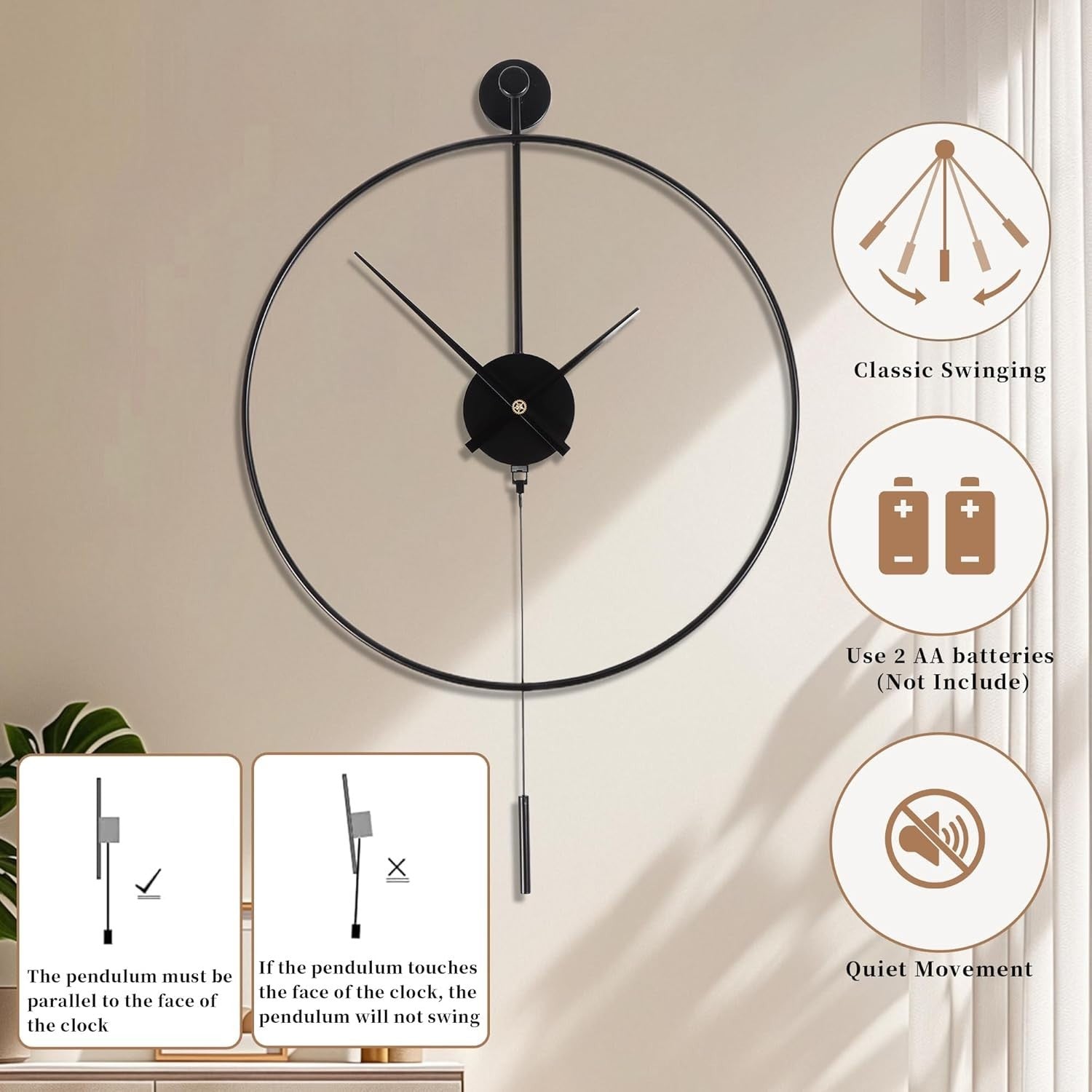 Silent Large 24” Metal Wall Clock with Pendulum - Modern Decor, Non-Ticking