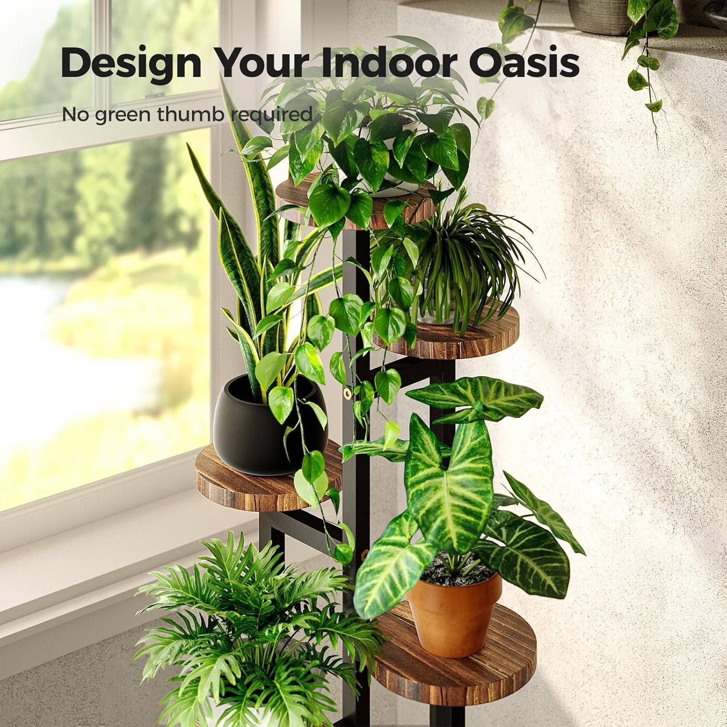 5-Tier Metal Wood Plant Stand, Corner Shelf for Indoor Outdoor Garden Decor