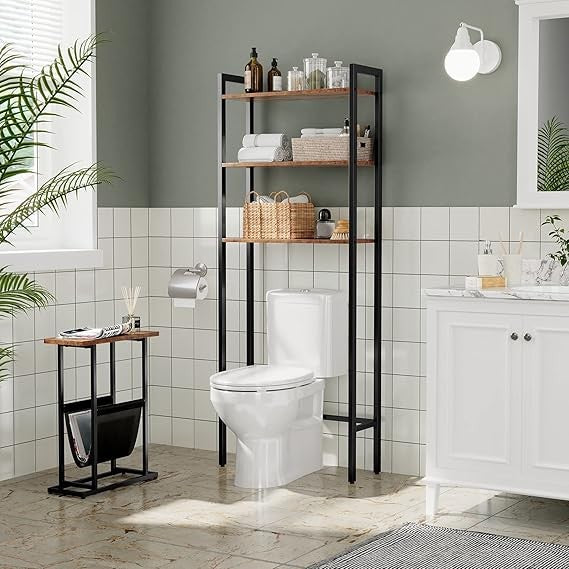 Slim Side Table for Small Spaces with Magazine Holder, Rustic Brown Narrow