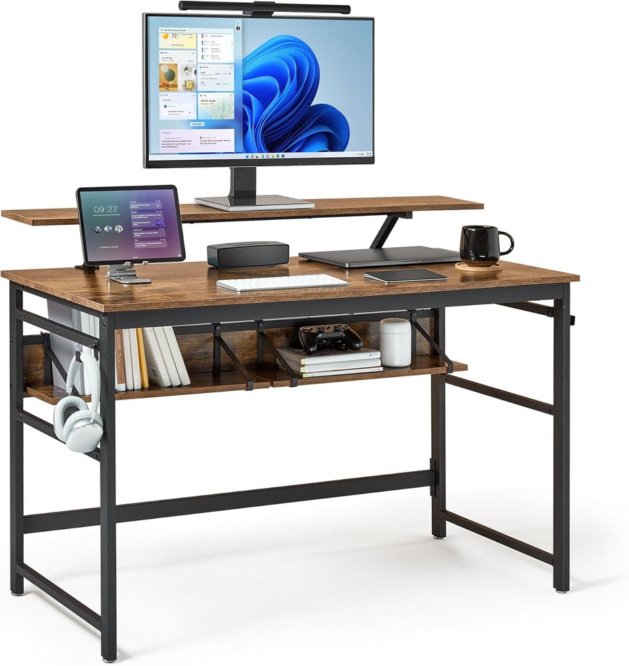 Rustic Brown Computer Desk 120cm with Monitor Stand & Adjustable Shelves