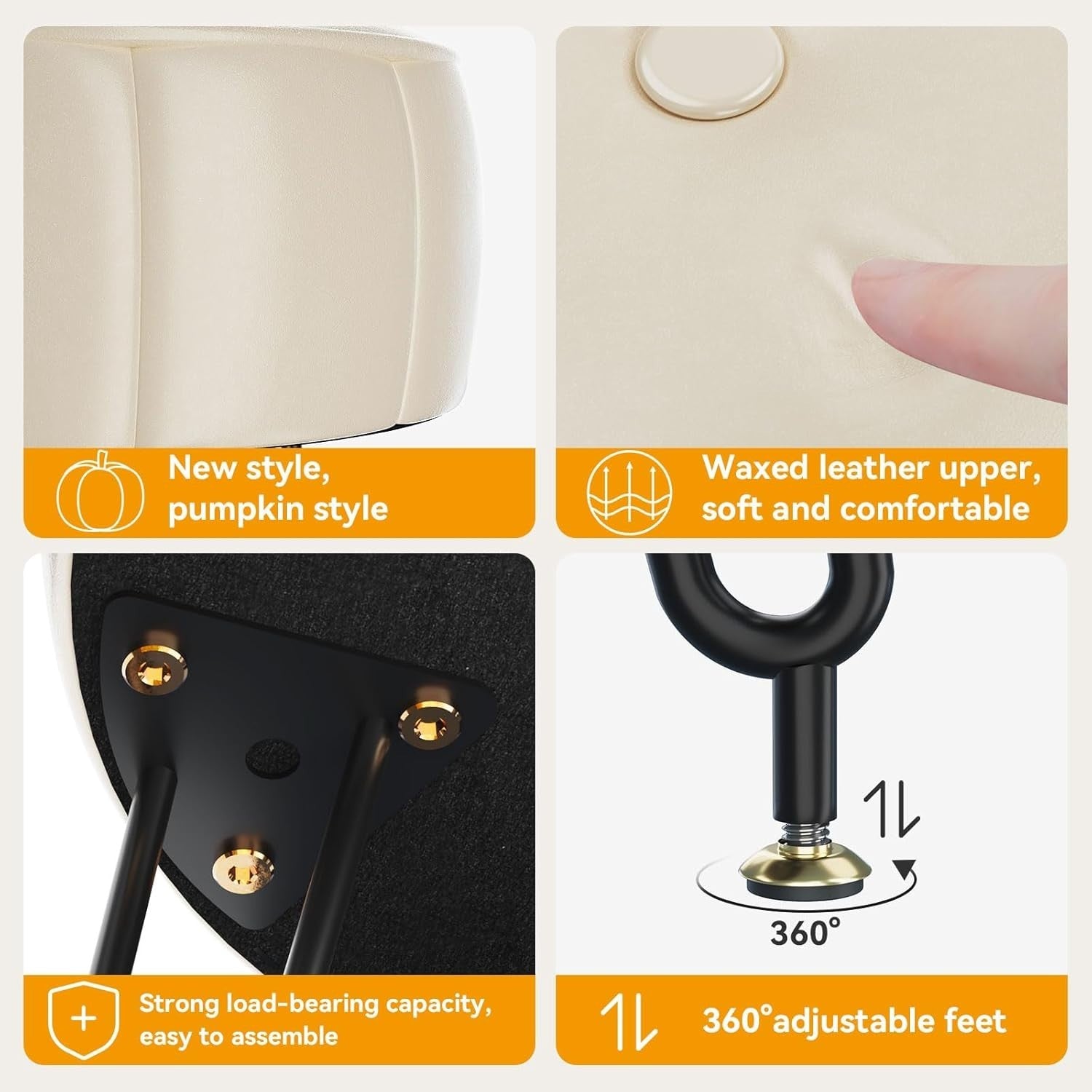 White Faux Leather Pumpkin Vanity Stool Round Modern Footrest Seat