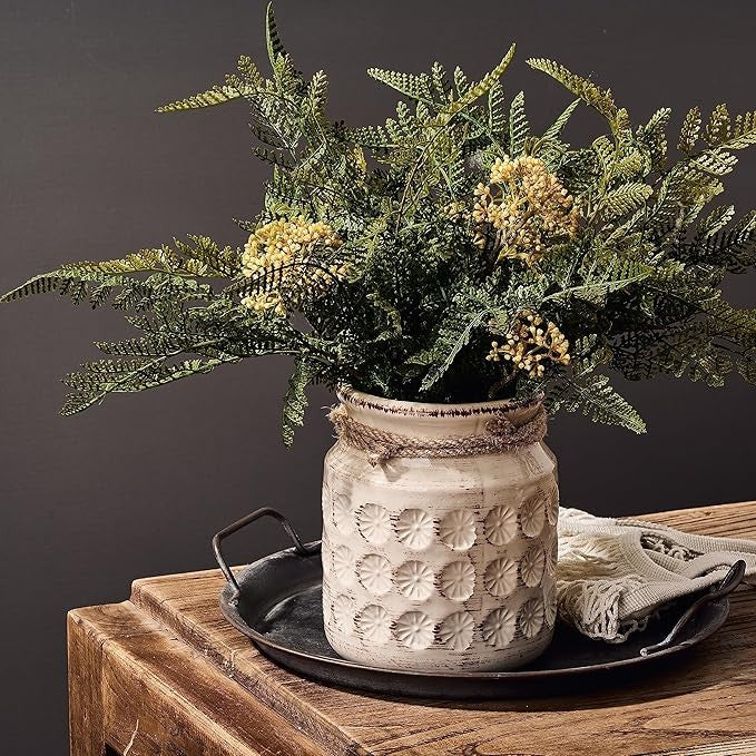 Rustic Ceramic Flower Vase 6in Cream White Farmhouse Table Shelf Decor
