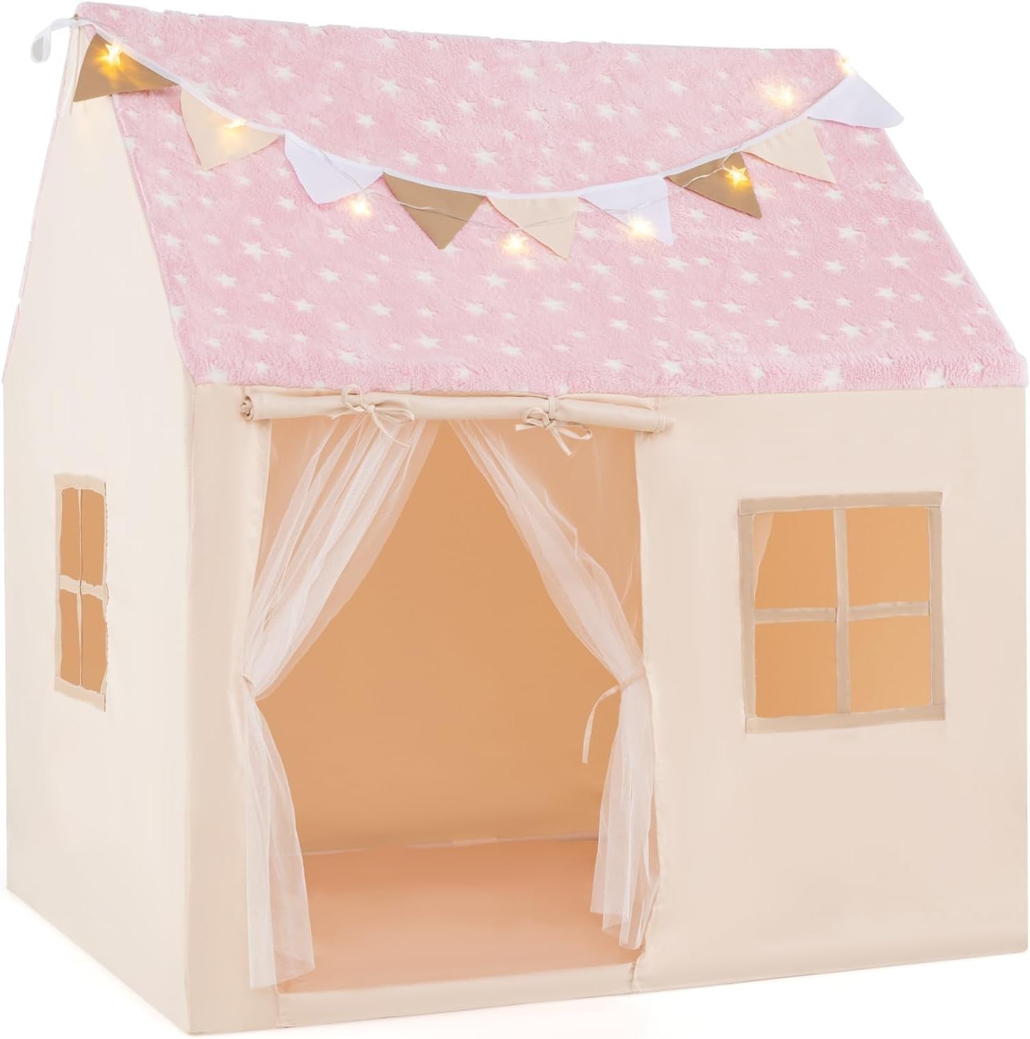Glow in Dark Kids Castle Play Tent Indoor w Lights Mat Flags