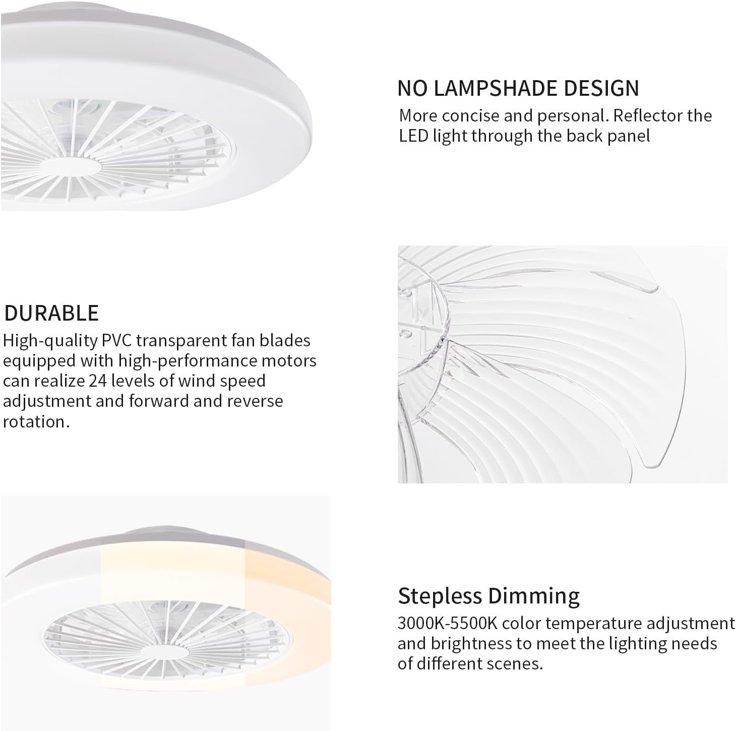 48cm LED Ceiling Fan Light, 24 Speeds, Dimmable 3000K-5500K, Remote, White