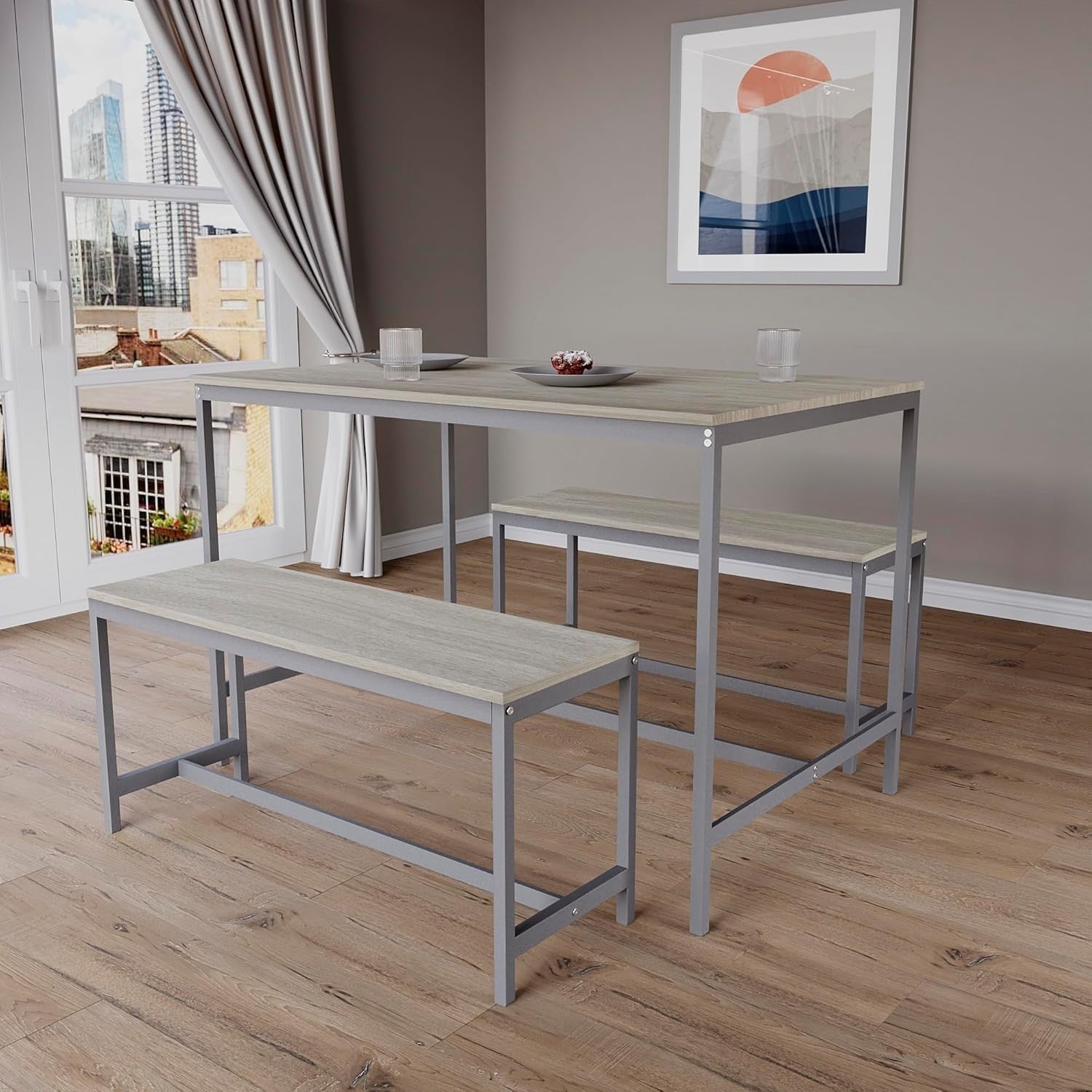 4 Seater Dining Table & Benches Set - Oak Wood Top, Compact Metal Frame