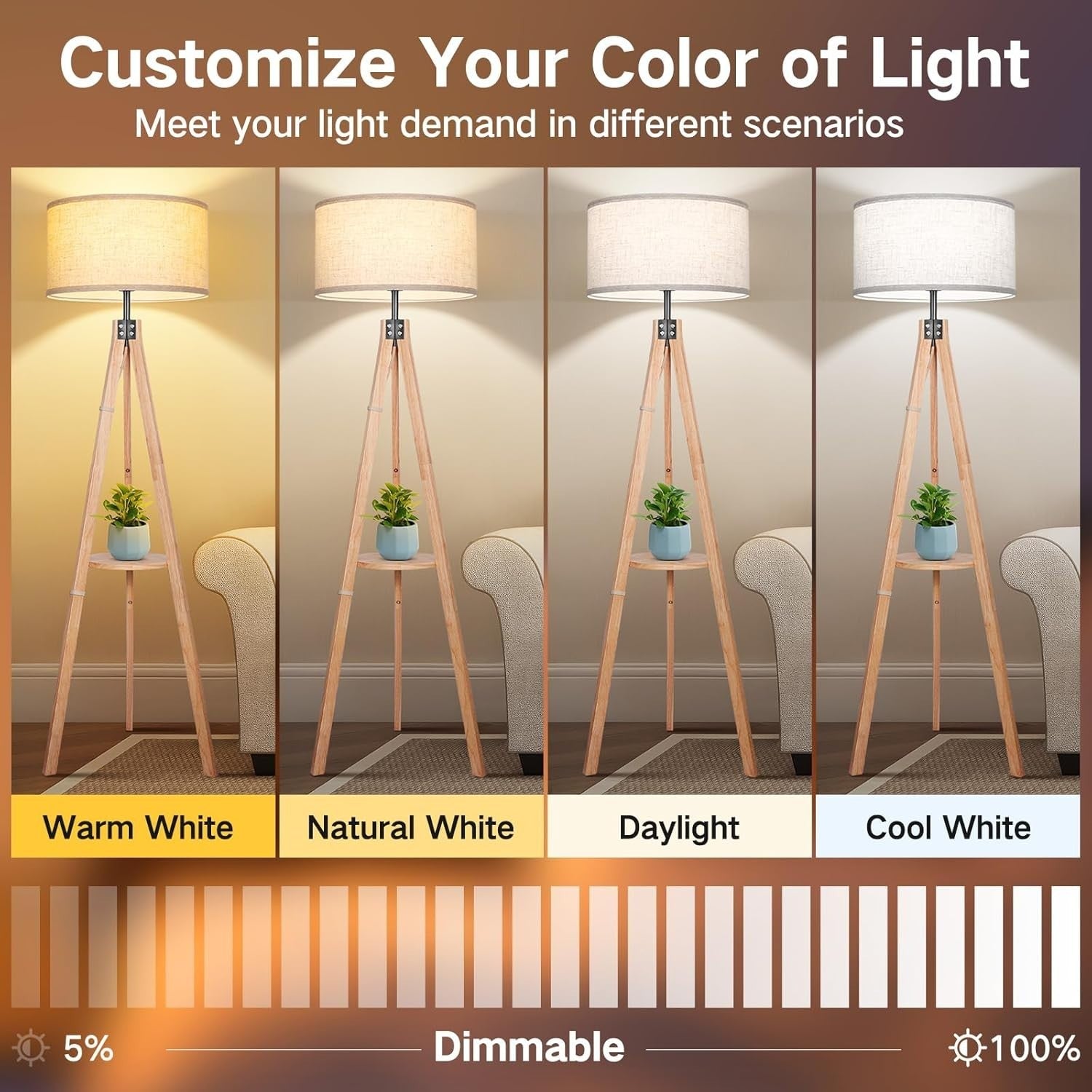 Wood Tripod Floor Lamp with Adjustable Light & Built-in Shelf, 150 cm