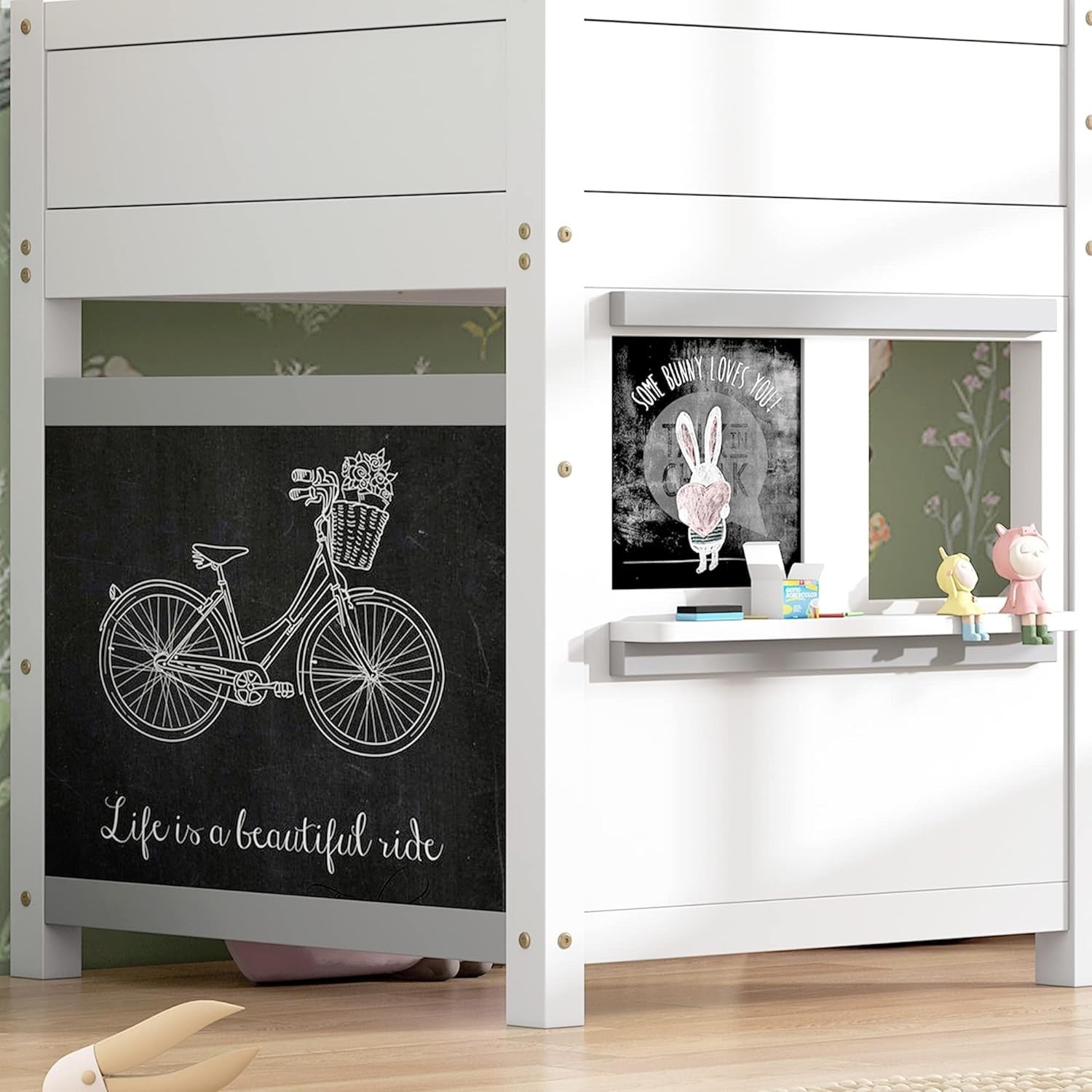 Kids Bunk Bed with Storage & Blackboard, 3FT Loft Bed Frame 90x190cm