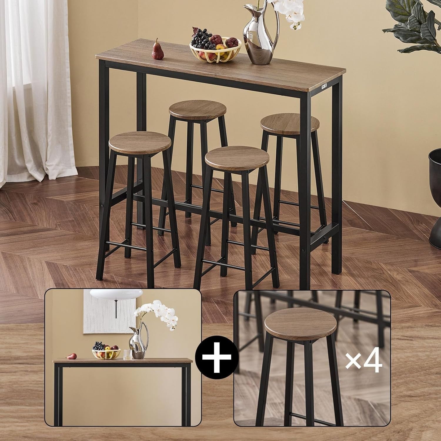 5-Piece Breakfast Bar Table Set with 4 Stools Wood Grain Top Metal Frame