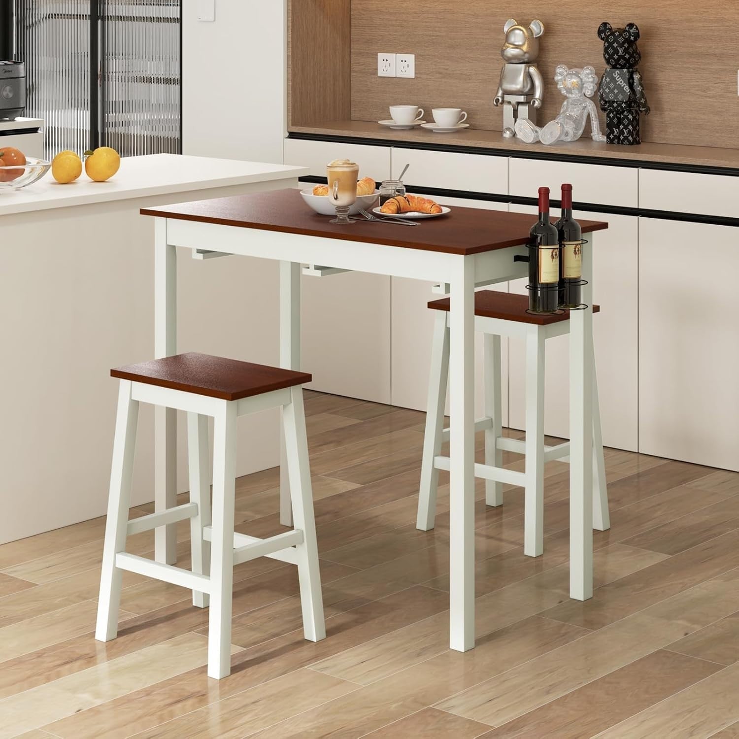 3-Piece Bar Table Set with Stools, Wine Racks & Shelves, Cream White/Walnut