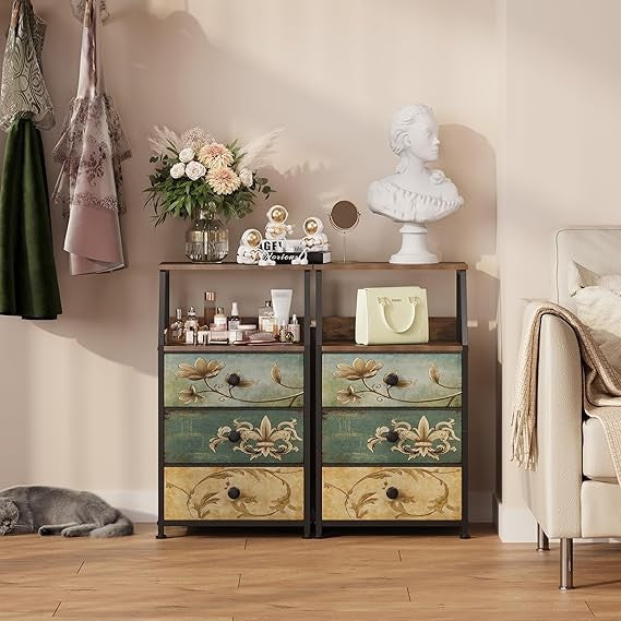 Vintage 3-Drawer Bedside Table with Open Shelf Storage | Rustic Metal Frame