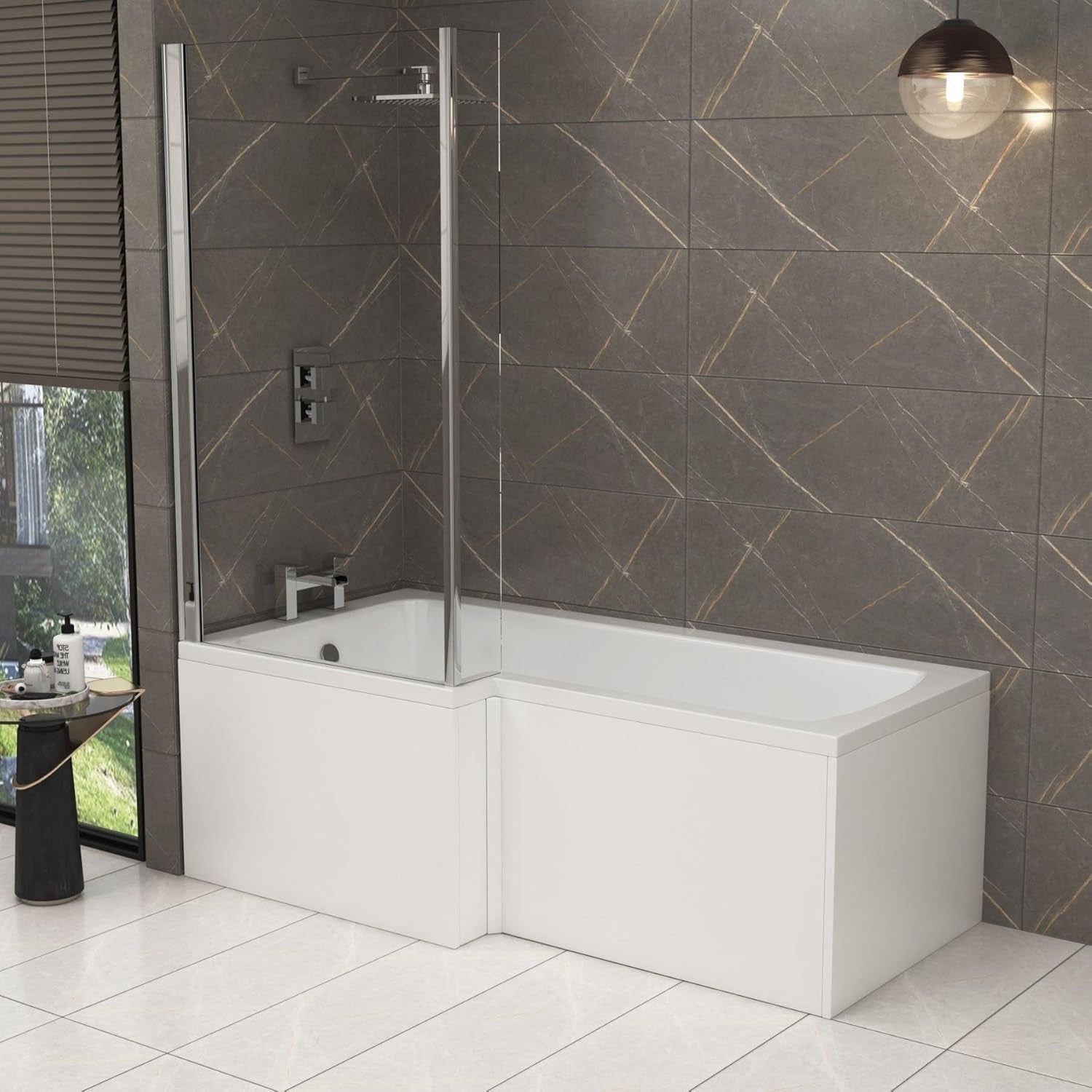 1700x850mm Left-Hand L-Shaped Shower Bath with Front & End Panels + Glass Screen