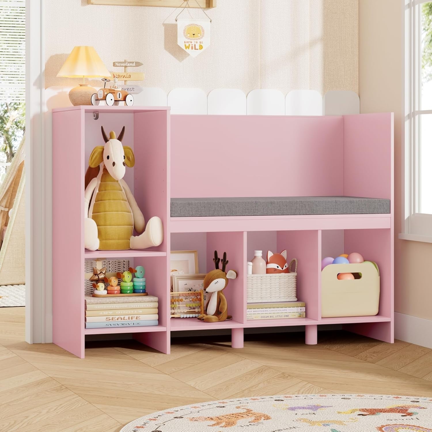 Kids Bookcase with Seat Cushion 6 Cube Toy Storage Shelf Bench Pink 110cm
