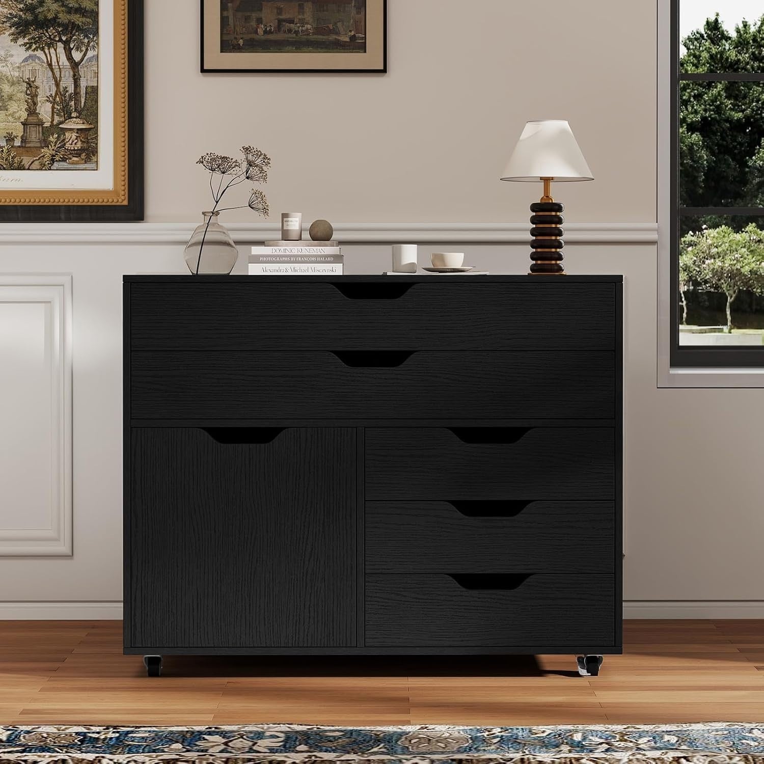 Black Mobile File Cabinet 77x40x64cm 5 Drawer Printer Stand