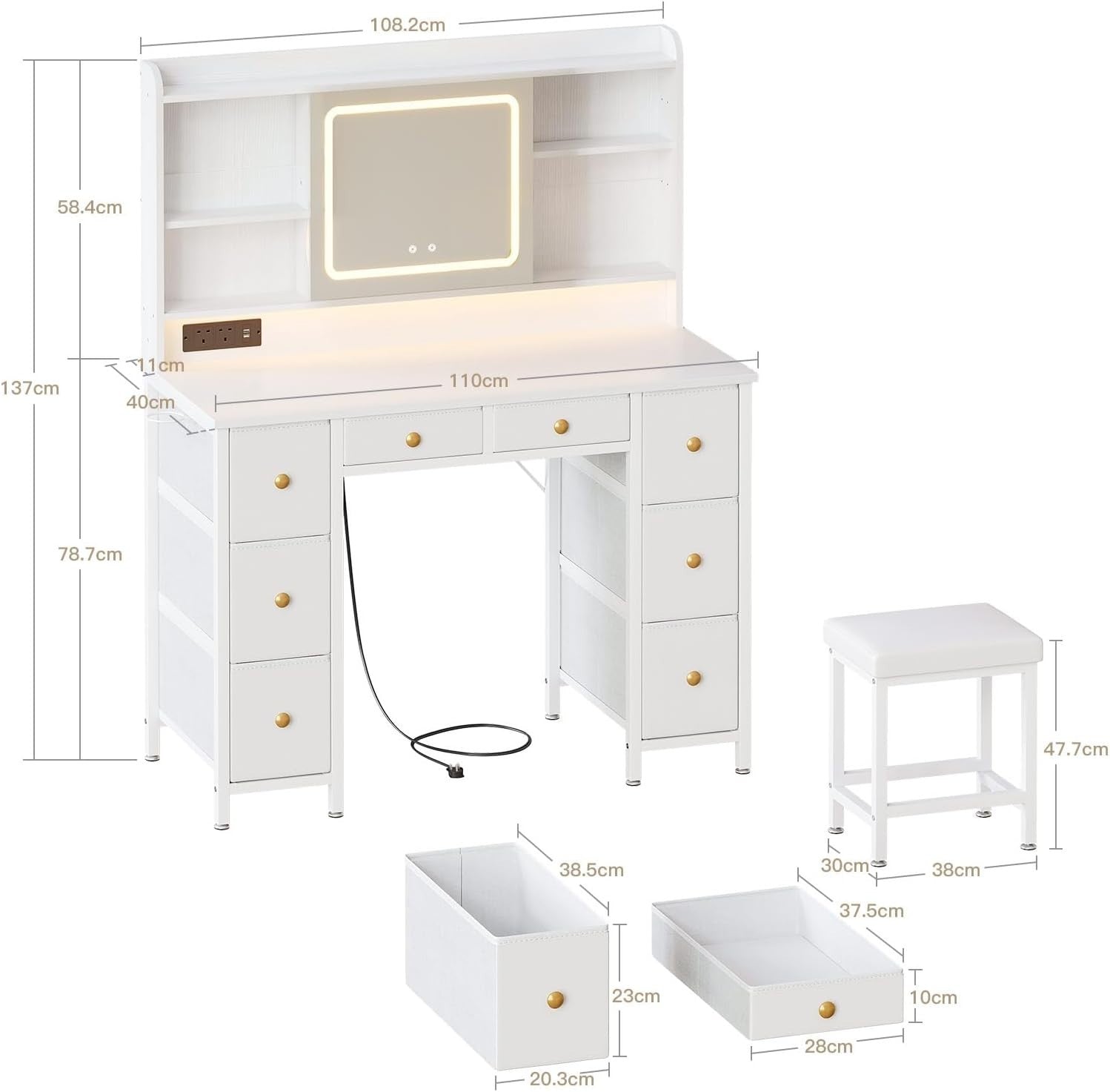 Modern Dressing Table w/ LED Mirror Power Outlet 8 Drawers & Chair White