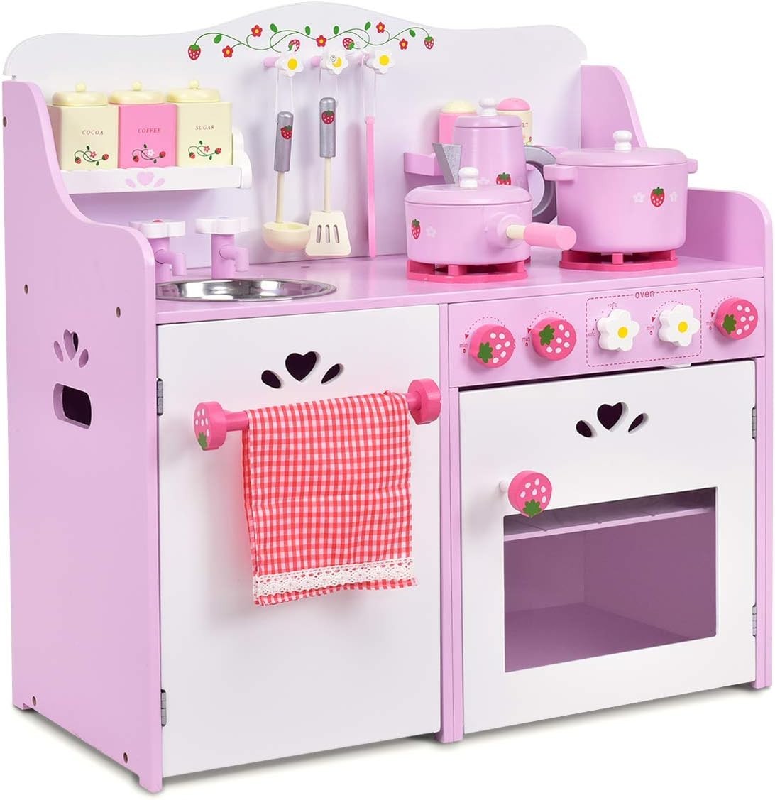 Kids Wooden Play Kitchen Pink Pretend Cooking Set w/ 13 Accessories