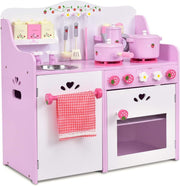 Kids Wooden Play Kitchen Pink Pretend Cooking Set w/ 13 Accessories