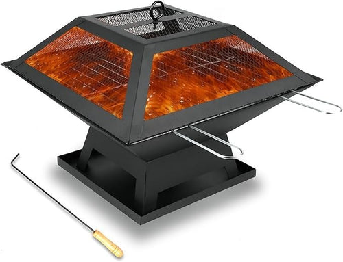 3in1 Outdoor Fire Pit BBQ Grill Patio Heater Metal Square Garden Brazier