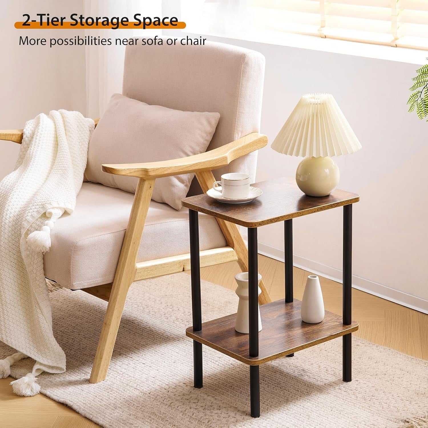 2 Tier Side Table with Shelf Small Bedside Table for Living Room & Bedroom