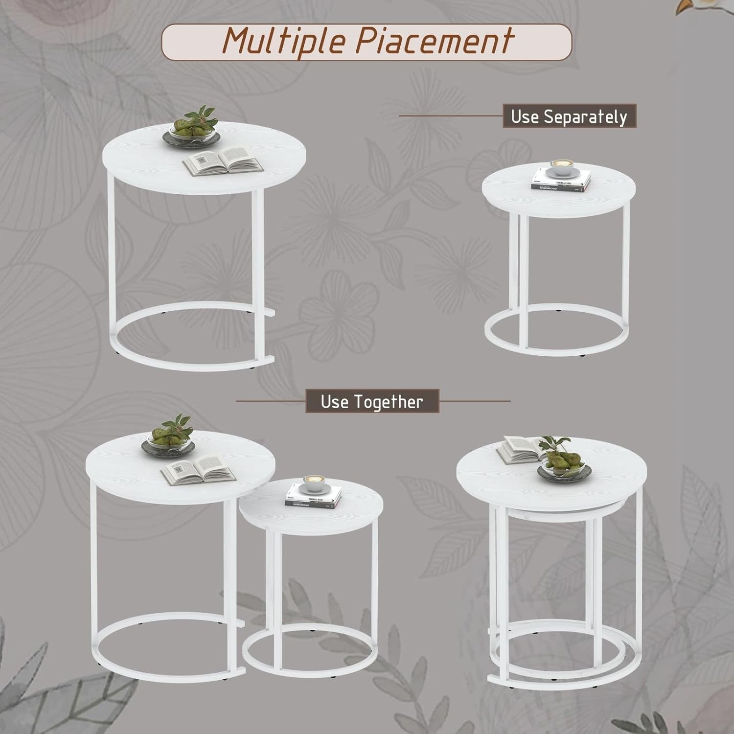 Nesting Coffee Tables Set of 2 Round White Marble Top Metal Frame Living Room