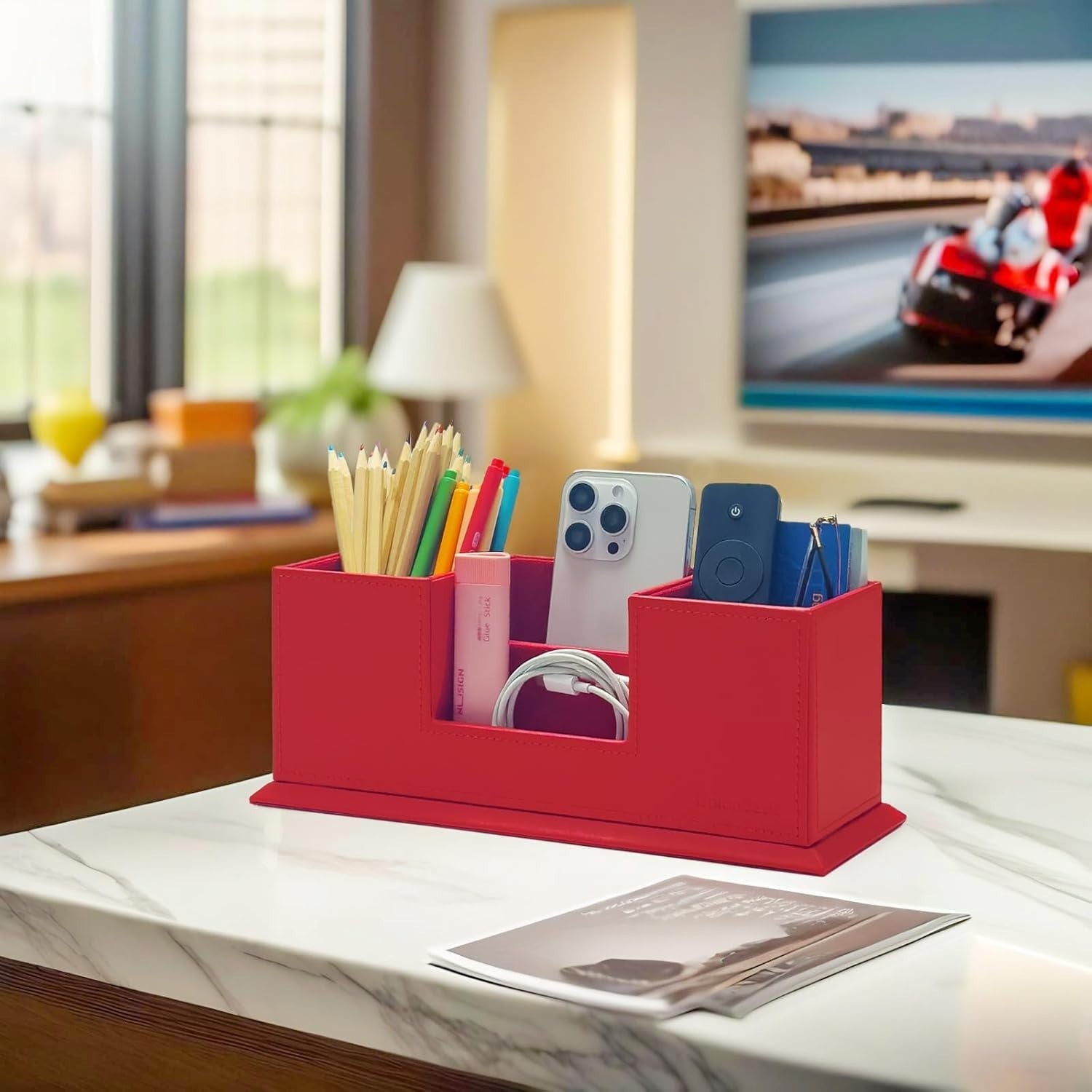 Leatherette Desk Organiser with Dual Pen & Card Holder – Red