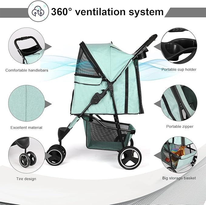 Pet Stroller 3 Wheel Folding Dog Cat Buggy with Storage Basket Travel Pram