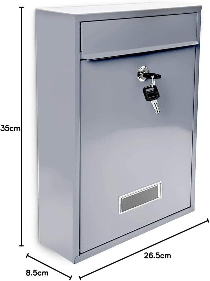 Wall Mounted Lockable Mailbox Silver Metal Secure Post Box 26.5x35x8.5cm