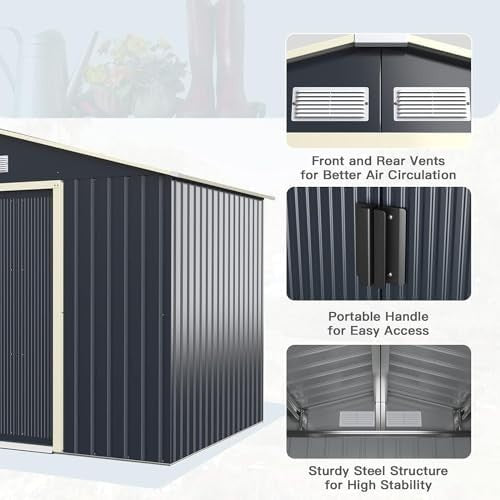 Metal Garden Shed 9x6FT Lockable Outdoor Storage Sloped Roof + Vents