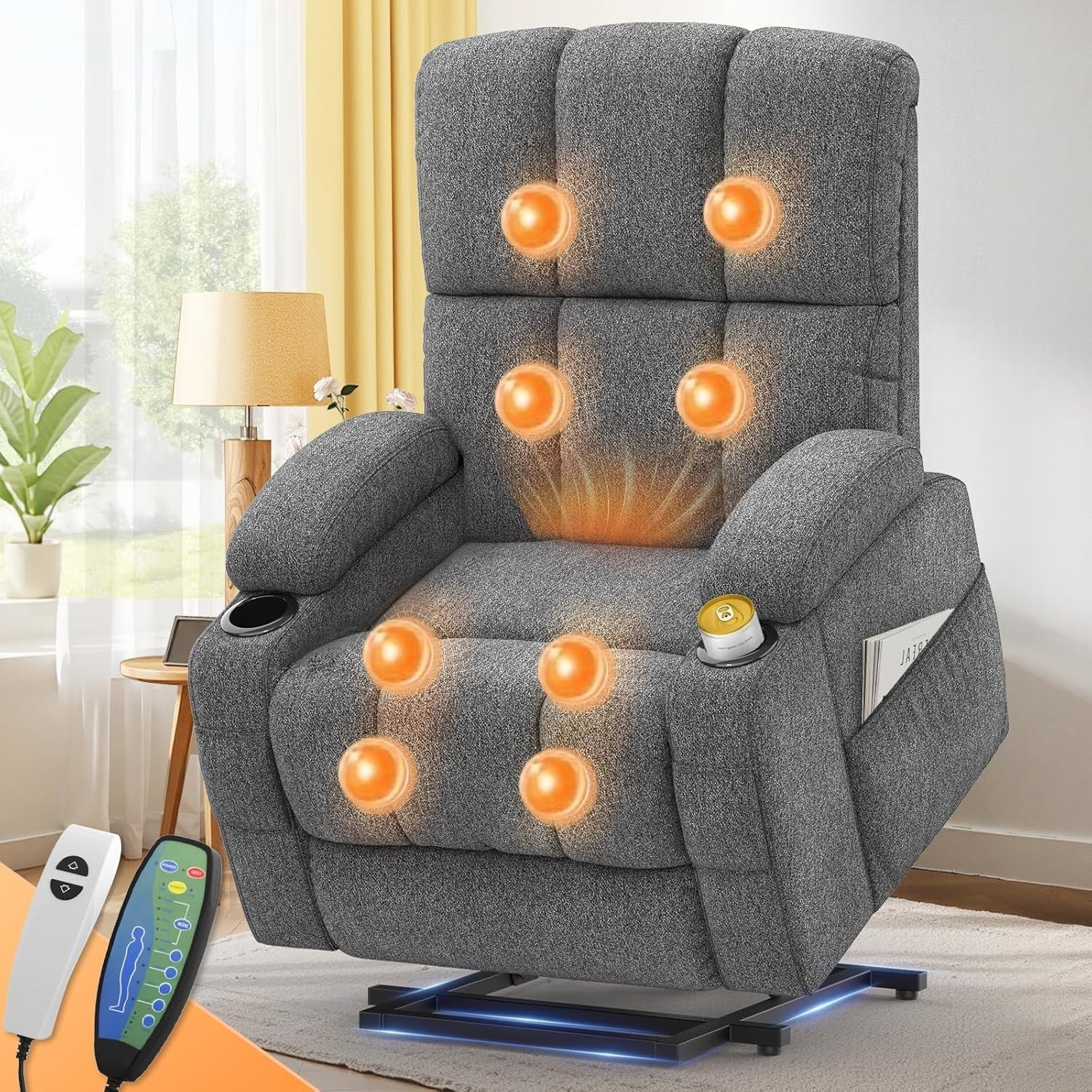 Dark Grey Lift Recliner Chair Elderly Massage Heat USB Cup Holders Footrest