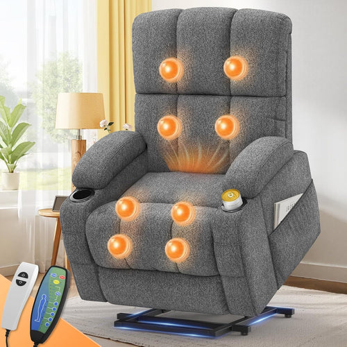 Dark Grey Lift Recliner Chair Elderly Massage Heat USB Cup Holders Footrest