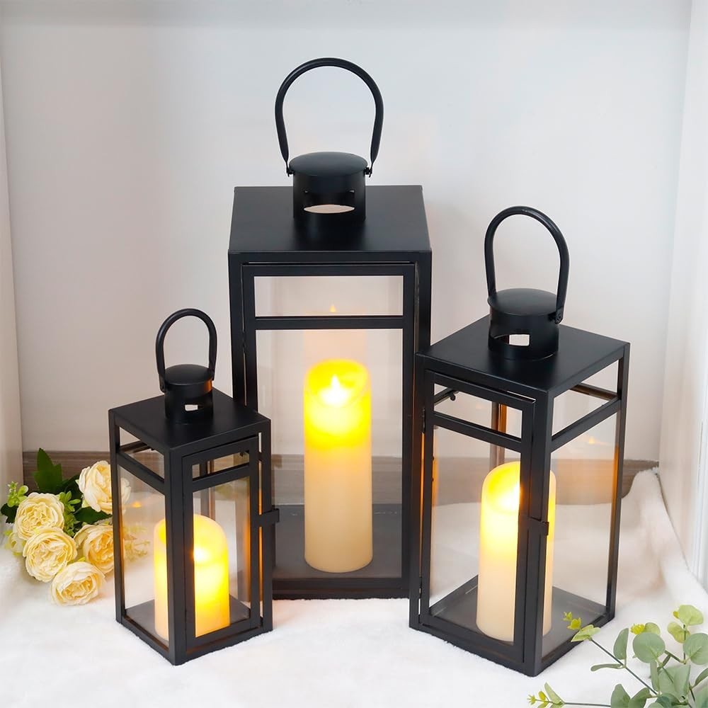 3 Pack Metal Candle Lanterns Indoor Outdoor Matte Black